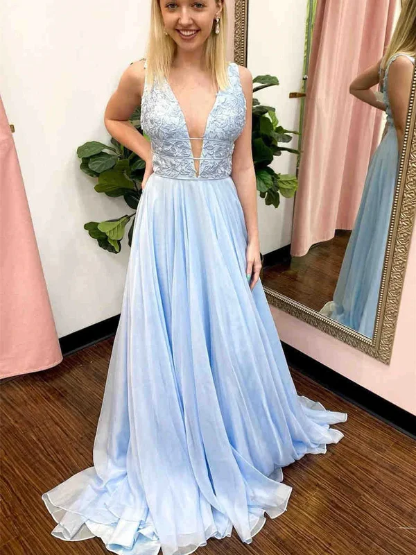 Weekend Flash Sale A Line V Neck Light Blue Lace Long Prom Dresses, Light Blue Lace Formal Graduation Evening Dresses SP2316