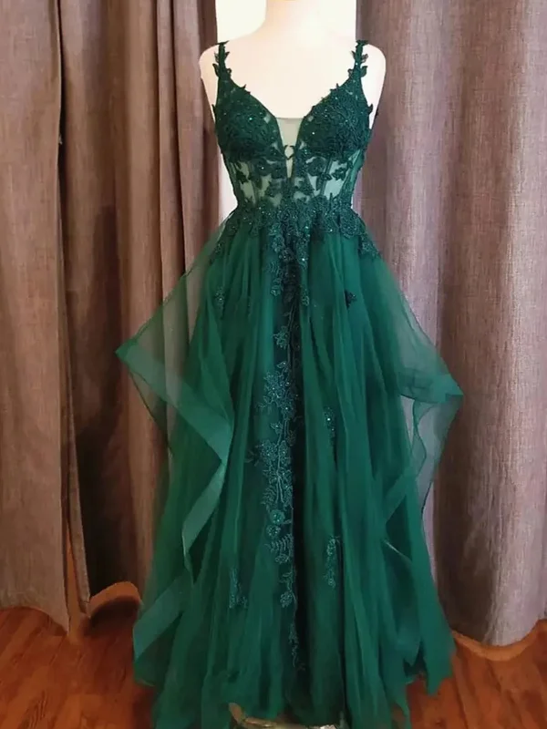 trendy dresstrendy dressV Neck Green Lace Long Prom Dresses, Green Lace Formal Dresses, Green Evening Dresses SP2919