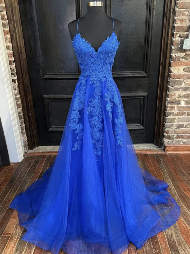 fitted dressfitted dressWholesale V Neck Open Back Blue Lace Long Prom Dresses