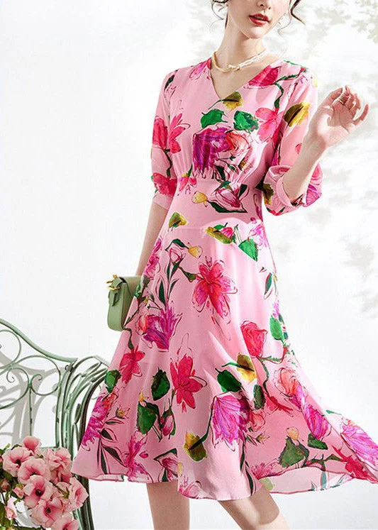 trendy bodycon dresstrendy bodycon dressBeautiful Pink V Neck Print Tunic Chiffon Long Dresses Summer