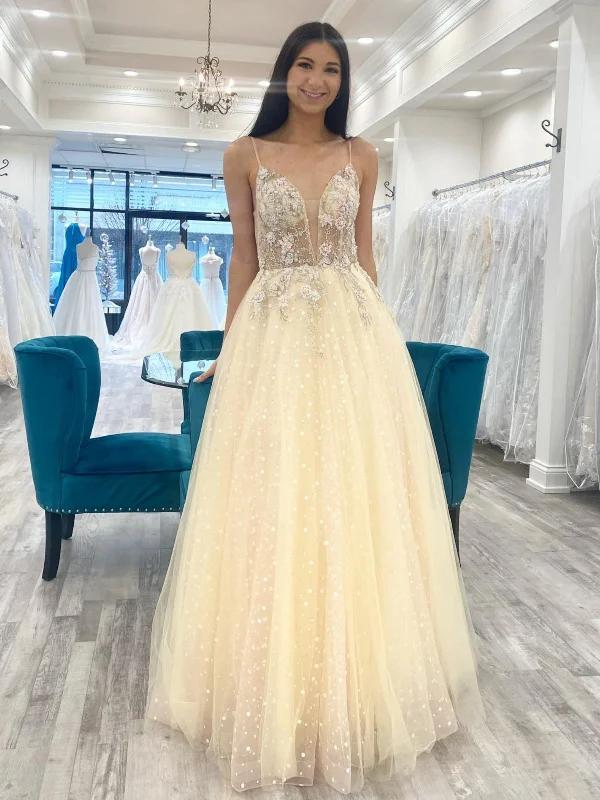 elegant maxi dresselegant maxi dressV Neck Champagne Tulle Lace Floral Long Prom Dresses, Champagne Formal Evening Dresses with Appliques SP2586