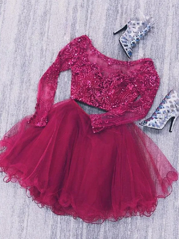 Holiday Sale Long Sleeves Two Pieces Lace Beaded Burgundy Homecoming Dresses Short Prom Dresses, Burgundy Lace Formal Dresses, Evening Dresses