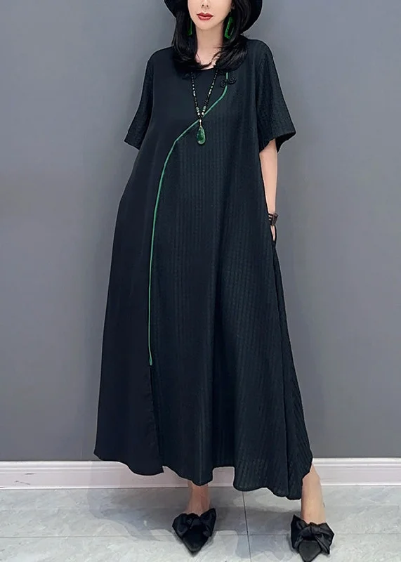 Seasonal Clearance Natural Black O-Neck Patchwork Long Dresses Short Sleeve