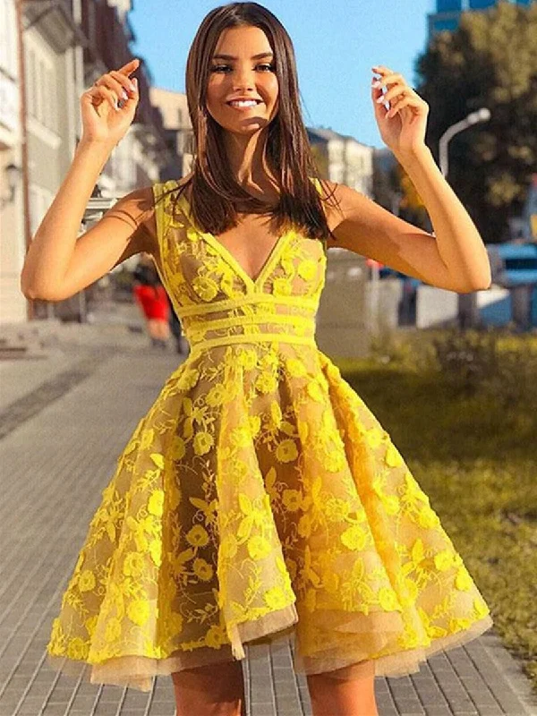 Weekend Deal Unique V Neck Lace Appliques Yellow Short Prom Dresses Homecoming Dresses, Yellow Lace Formal Dresses, Graduation Dresses, Evening Dresses