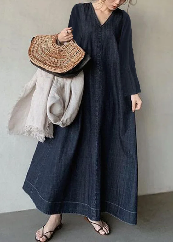 off-shoulder dressoff-shoulder dressVintage Navy V Neck Patchwork Loose Waist Cotton Dress Spring