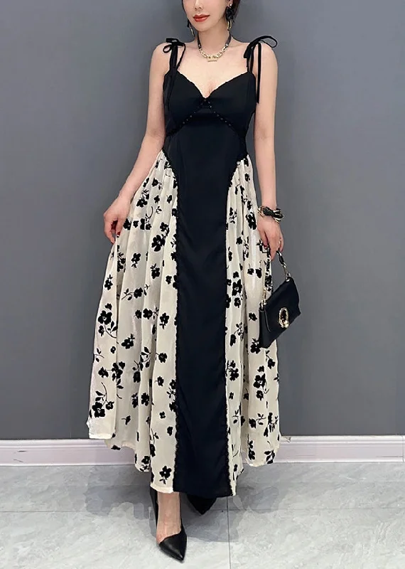 Amazing Deals Beautiful Black Bustier Top Patchwork Print Silk Spaghetti Strap Dress Summer Amazing Deals Beautiful Black Bustier Top Patchwork Print Silk Spaghetti Strap Dress Summer