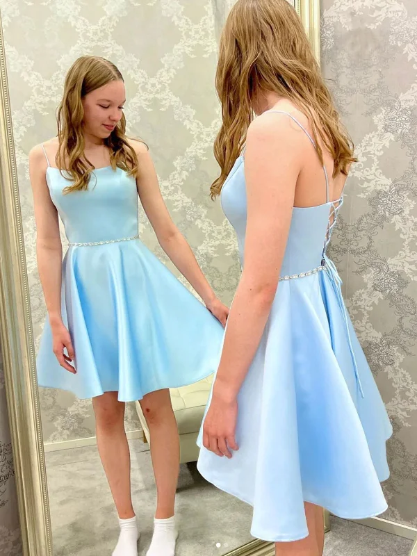 high-waisted dresshigh-waisted dressOpen Back Light Blue Short Prom Homecoming Dresses with Belt, Light Blue Formal Graduation Evening Dresses SP2445