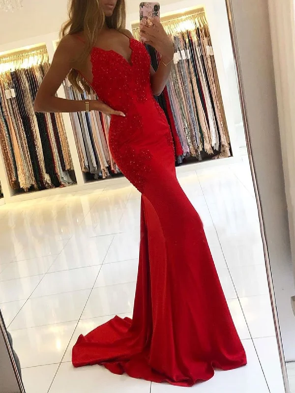 spaghetti strap dressspaghetti strap dressV Neck Mermaid Backless Lace Beaded Red Long Prom Dresses, Mermaid Red Lace Formal Dresses, Mermaid Red Evening Dresses