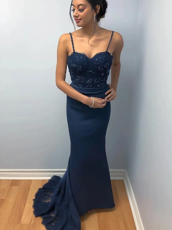 Markdown Madness Elegant Mermaid Backless Lace Beaded Navy Blue Prom Dresses, Mermaid Backless Navy Blue Lace Formal Dresses, Mermaid Navy Blue Lace Evening Dresses