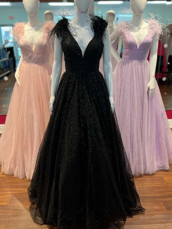 puff sleeve dresspuff sleeve dressShiny Tulle A Line V Neck Pink/Black/Purple Long Prom Dresses with High Slit, Long Pink/Black/Purple Formal Graduation Evening Dresses SP2644