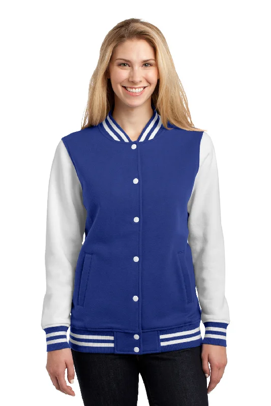 Mega Sale Sport-Tek Womens Snap Down Fleece Letterman Jacket - True Royal Blue/White - Closeout Mega Sale Sport-Tek Womens Snap Down Fleece Letterman Jacket - True Royal Blue/White - Closeout