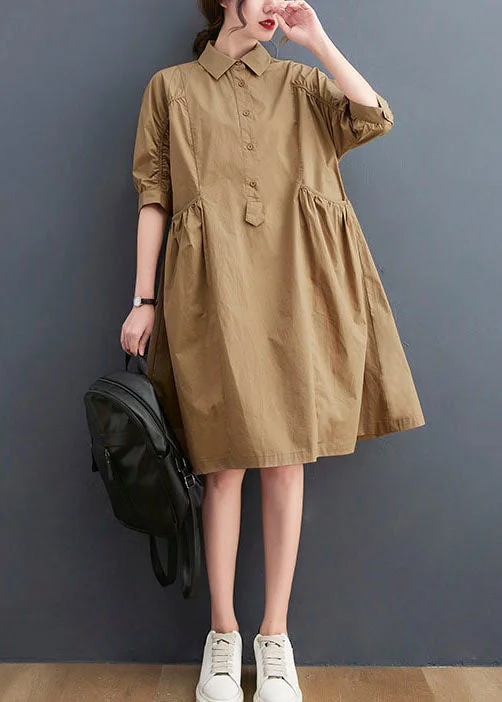 knit dressknit dressClassy Khaki Peter Pan Collar Pockets Cotton Dress Half Sleeve