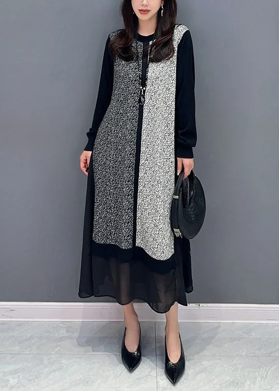 Price Drop Alert Loose Black O Neck Lace Up Chiffon Patchwork Dress Long Sleeve