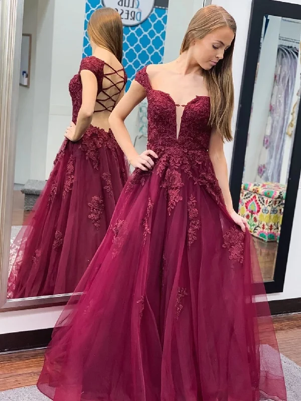 Massive Deals Off Shoulder Open Back Burgundy Lace Prom Dresses 2020, Cap Sleeves Maroon Lace Formal Dresses, Burgundy Lace Evening Dresses Massive Deals Off Shoulder Open Back Burgundy Lace Prom Dresses 2020, Cap Sleeves Maroon Lace Formal Dresses, Burgundy Lace Evening Dresses