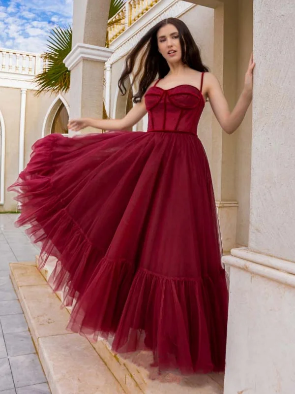 chic shift dresschic shift dressA Line Burgundy Tulle Long Prom Dresses, Princess Burgundy Formal Graduation Evening Dresses SP2636