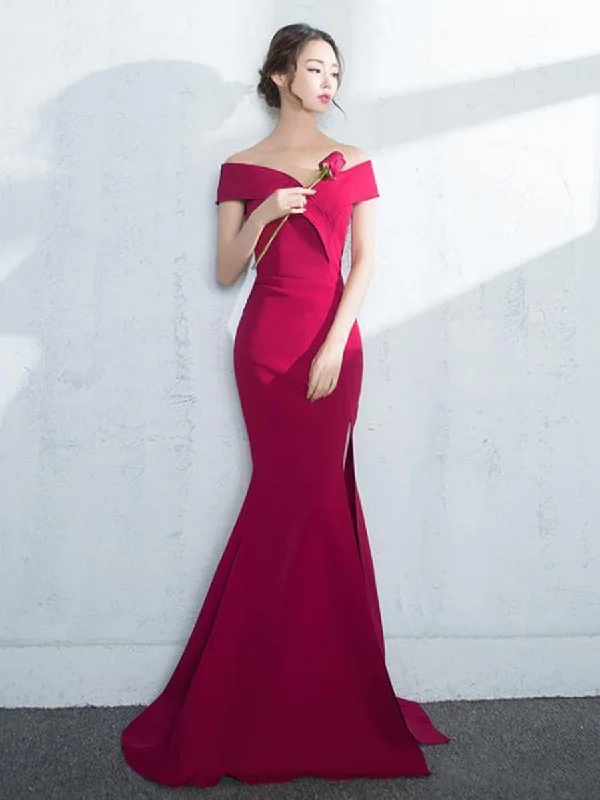 Doorbuster Deal Off Shoulder Mermaid Burgundy/Navy Blue/Black Satin Long Prom Dresses with Slit, Burgundy/Navy Blue/Black Mermaid Formal Dresses, Evening Dresses
