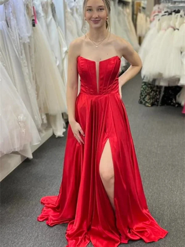 knit dressknit dressStrapless V Neck Red Long Prom Dresses with High Slit, Open Back Red Formal Dresses, Long Red Evening Dresses SP2802