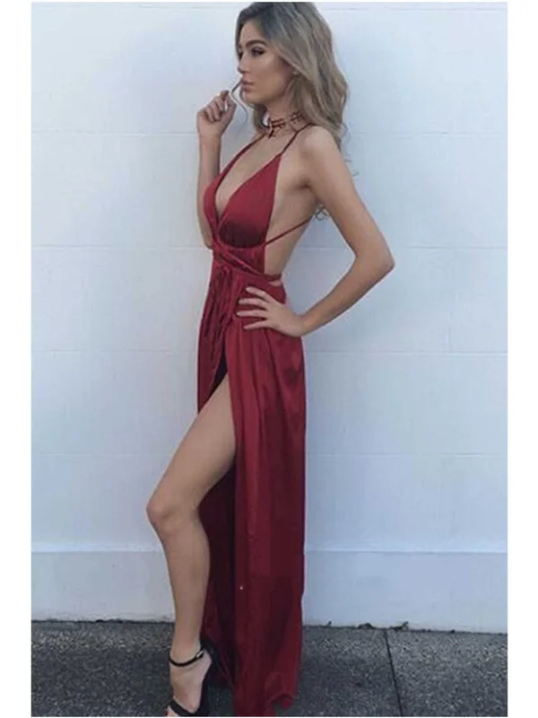 Closeout Sale Sexy Burgundy V Neck Backless Long Prom Dresses, Wine Red Backless Formal Dresses