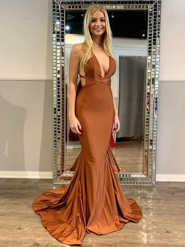 Price Break Sexy V Neck Backless Mermaid Clay Satin Long Prom Dresses, Mermaid Clay Formal Dresses, Clay Evening Dresses