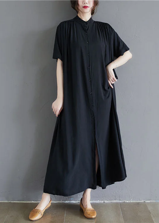 party-ready dressparty-ready dressFrench Black Stand Collar Oversized Cotton Long Dress Summer