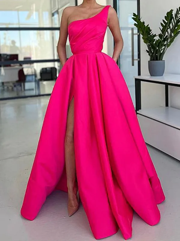 Price Fest One Shoulder Pink Satin Long Prom Dresses with High Slit, Long Pink Formal Graduation Evening Dresses SP2528