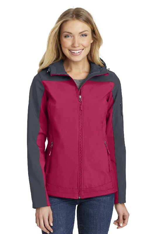 Final Markdown Port Authority Womens Core Wind & Water Resistant Full Zip Hooded Jacket - Dark Fuchsia Pink/Battleship Grey - Closeout