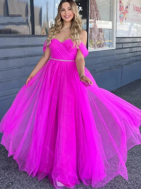 casual day dresscasual day dressOff Shoulder Fuchsia Tulle Long Prom Dresses with Belt, Long Fuchsia Formal Graduation Evening Dresses SP2657