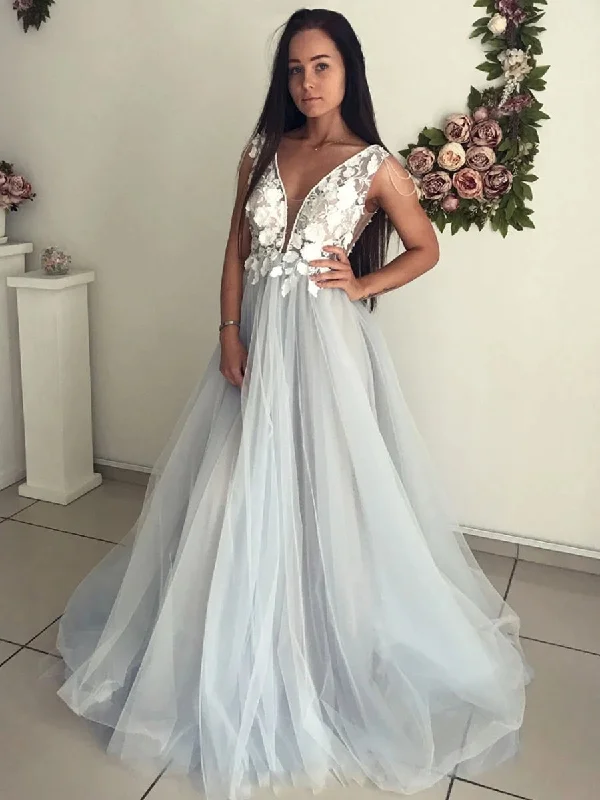 Discount Deals V Neck Open Back Lace Appliques Gray Long Prom Dresses, Open Back Lace Gray Formal Dresses, Gray Lace Evening Dresses Discount Deals V Neck Open Back Lace Appliques Gray Long Prom Dresses, Open Back Lace Gray Formal Dresses, Gray Lace Evening Dresses