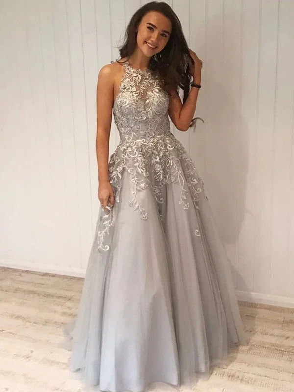 Quick Sale A Line Silver Grey Lace Long Prom Dresses, Silver Grey Lace Formal Graduation Evening Dresses