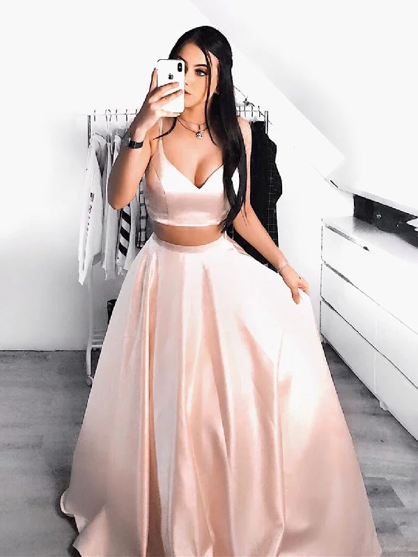 Today’s Deal A Line V Neck Two Pieces Pink Satin Long Prom Dresses, Two Pieces Pink Formal Dresses, Pink Evening Dresses Party Dresses
