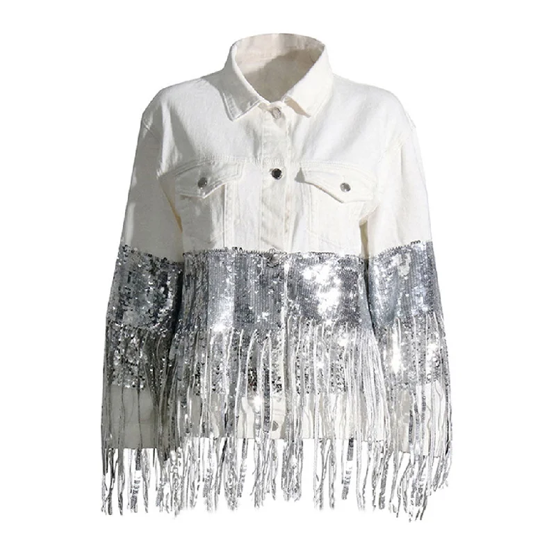 Exclusive Deal Flamboyant Collared Button Front Long Sleeve Sequin Fringe Denim Jacket Exclusive Deal Flamboyant Collared Button Front Long Sleeve Sequin Fringe Denim Jacket