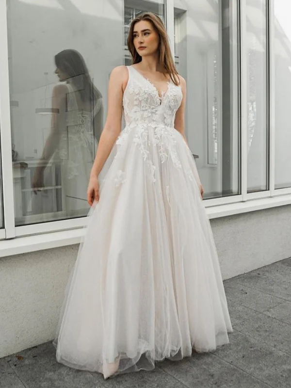 vintage-inspired dressvintage-inspired dressA Line V Neck White Lace Long Prom Dresses, White Lace Wedding Dresses, White Formal Evening Dresses SP2530