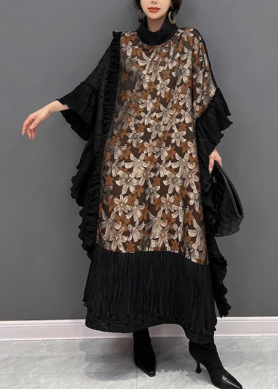 wool dresswool dressVogue Black O-Neck Ruffles Print Long Dresses Batwing Sleeve