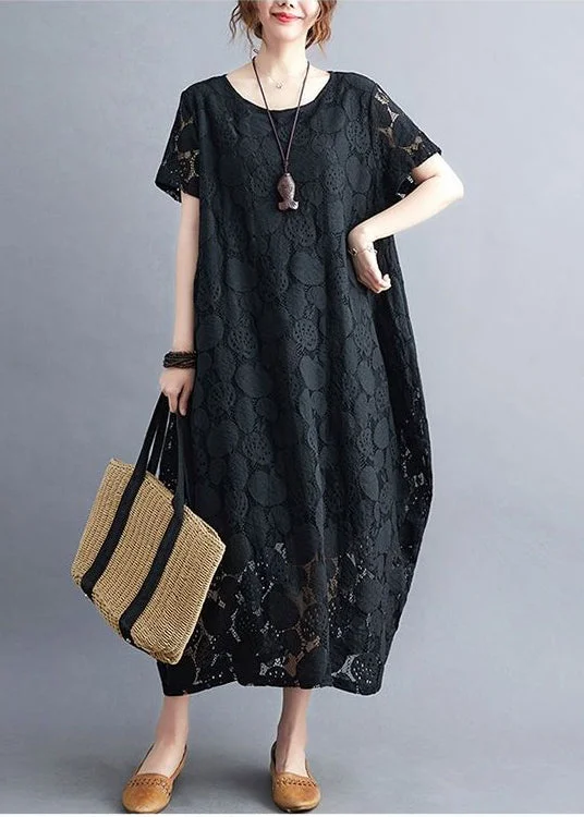 Steals and Deals Black Lace A Line Dress O-Neck Hollow Out Summer