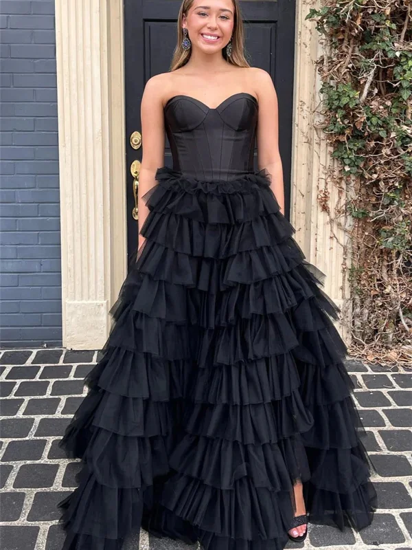 boho-chic dressboho-chic dressSweetheart Neck Strapless Black Ruffle Tulle Long Prom Dresses, Black Formal Evening Dresses, Ball Gown SP2816