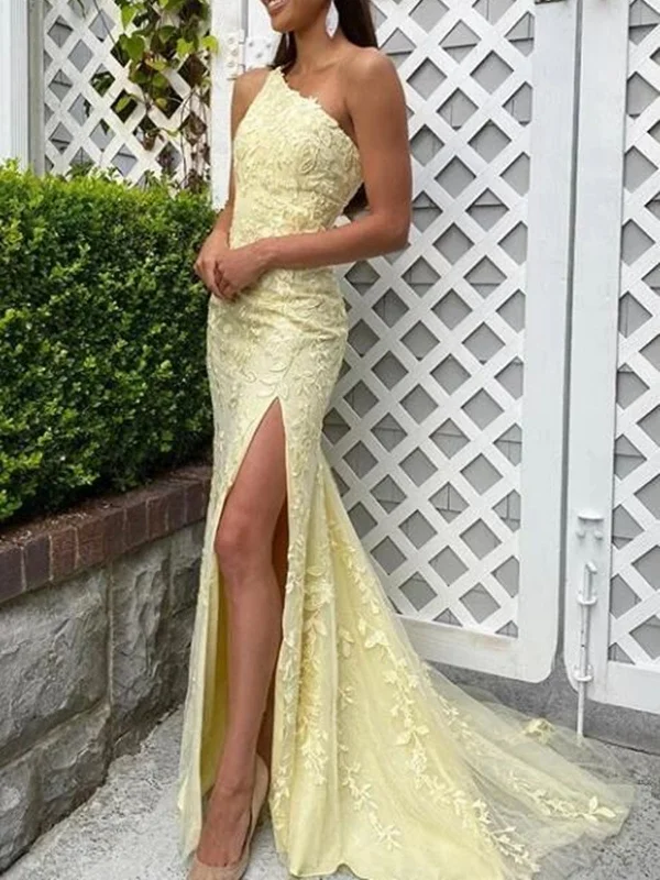 boho-chic dressboho-chic dressMermaid One Shoulder Yellow Lace Long Prom Dresses with High Slit, Mermaid Yellow Formal Dresses, Yellow Lace Evening Dresses SP2305