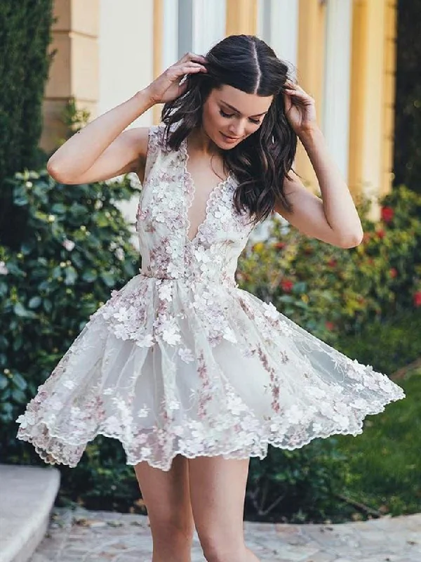 Sneak Peek Sale A Line V Neck Lace Appliques Ivory Homecoming Dresses Short Prom Dresses with Flower, Lace Ivory Formal Dresses, Evening Dresses, Graduation Dresses