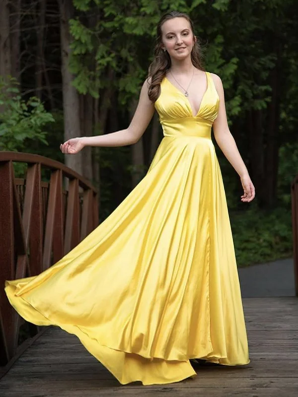 Closeout Sale A Line V Neck Backless Yellow Satin Long Prom Dresses, Backless Yellow Formal Dresses, Yellow Evening Dresses Closeout Sale A Line V Neck Backless Yellow Satin Long Prom Dresses, Backless Yellow Formal Dresses, Yellow Evening Dresses
