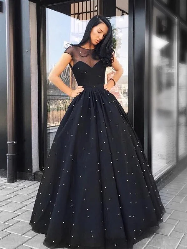 Huge Discounts A Line Round Neck Beading Black Tulle Long Prom Dresses, Black Formal Dresses, Elegant Black Evening Dresses
