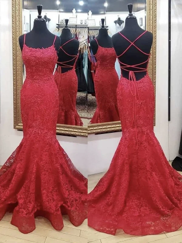 Markdown Madness Mermaid Backless Red Lace Long Prom Dresses, Mermaid Red Formal Dresses, Red Lace Evening Dresses