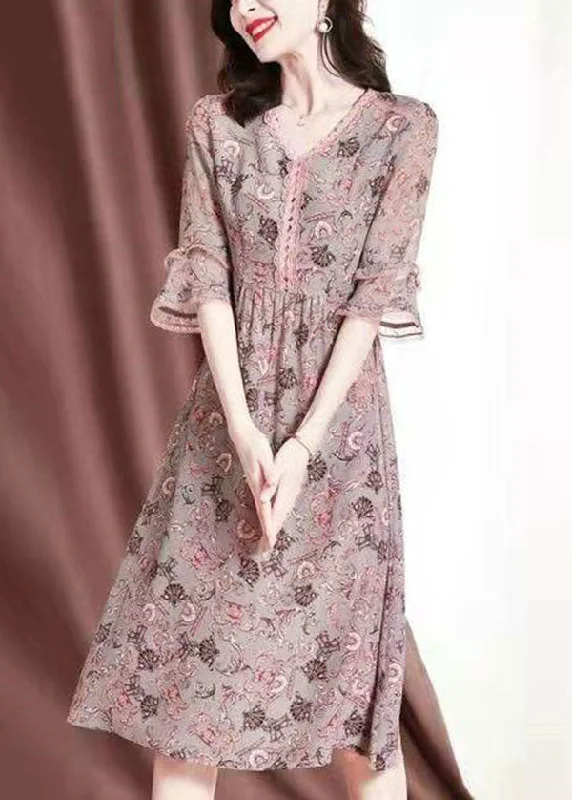 Hot Deal DIY Pink V Neck Lace Patchwork Print Chiffon Maxi Dresses Summer