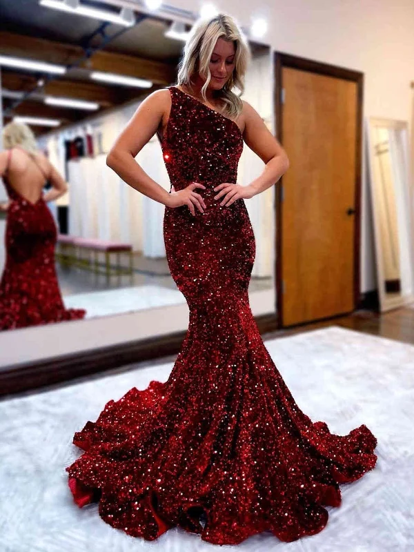 flowy dressflowy dressShiny Sequins One Shoulder Mermaid Backless Burgundy Long Prom Dresses, Mermaid Burgundy Formal Dresses, Burgundy Evening Dresses SP2230