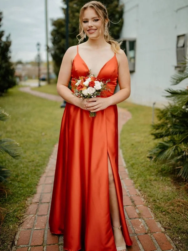 satin dresssatin dressA Line V Neck Open Back Orange Satin Long Prom Dresses, High Slit Orange Formal Graduation Evening Dresses SP3095