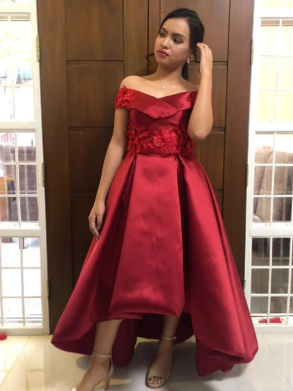 Quick Sale Off Shoulder High Low Satin Lace Burgundy Prom Dresses with Appliques, Burgundy Lace Formal Dresses, Homecoming Dresses, Graduation Dresses
