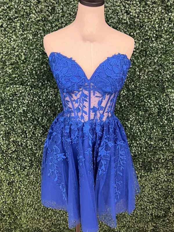 one-shoulder dressone-shoulder dressStrapless Blue/Pink Lace Short Prom Dresses, Blue/Pink Lace Homecoming Dresses, Short Blue/Pink Formal Evening Dresses SP2766