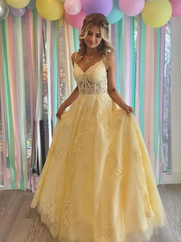 vintage-inspired dressvintage-inspired dressV Neck Open Back Yellow Lace Tulle Long Prom Dresses, Yellow Lace Formal Graduation Evening Dresses SP2424