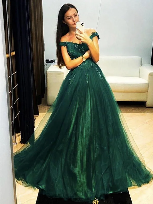 Deal Mania Off Shoulder Dark Green Lace Long Prom Dresses, Dark Green Lace Formal Graduation Evening Dresses
