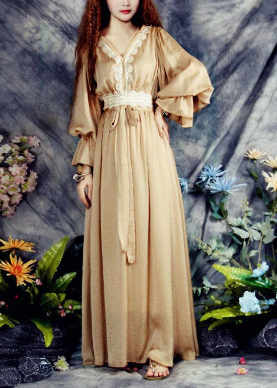 long-sleeve floral dresslong-sleeve floral dressFashion Khaki V Neck Lace Patchwork Exra Large Hem Silk Cinch Long Dress Spring