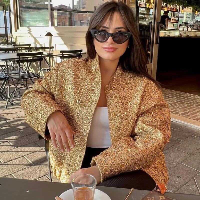 Savings Spectacular Luminous Lurex Sequin Embellished High Neck Cargo Pocket Oversized Jacket