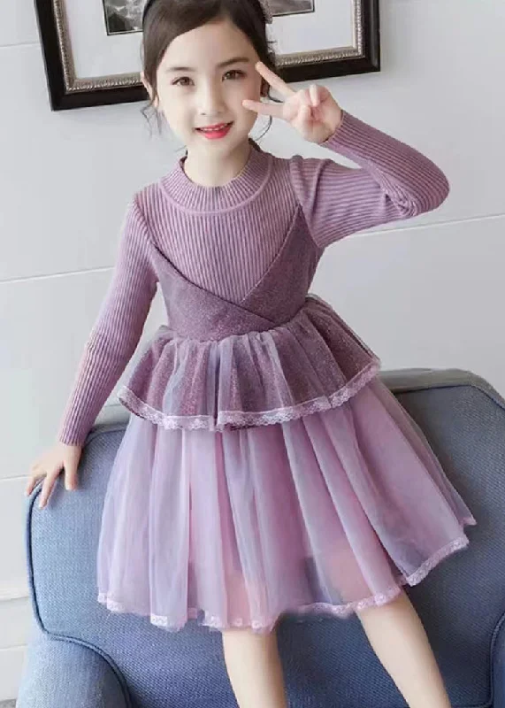 Special Savings Boutique Purple O Neck Tulle Patchwork Knit Baby Girls Dress Fall
